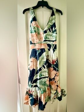 Ann Taylor Tropical Floral Midi Dress in Navy, Peach and Green